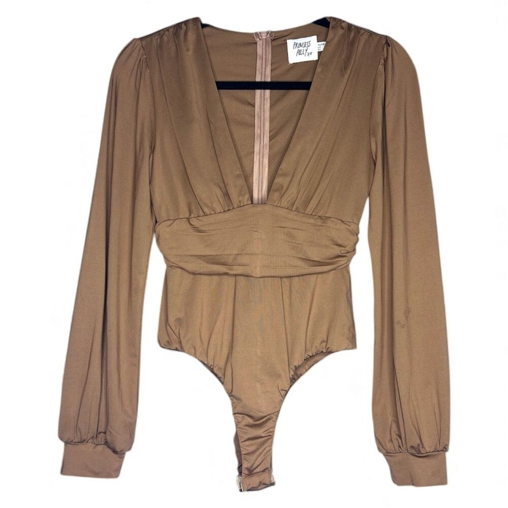 Princess Polly Womens Jude Shimmery Brown Bodysuit‎ Sz 4 Ruched Glam Date Night